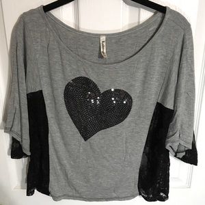 Small-Black Gray Sequin Heart Lace Detail Boxy T-Shirt Top
